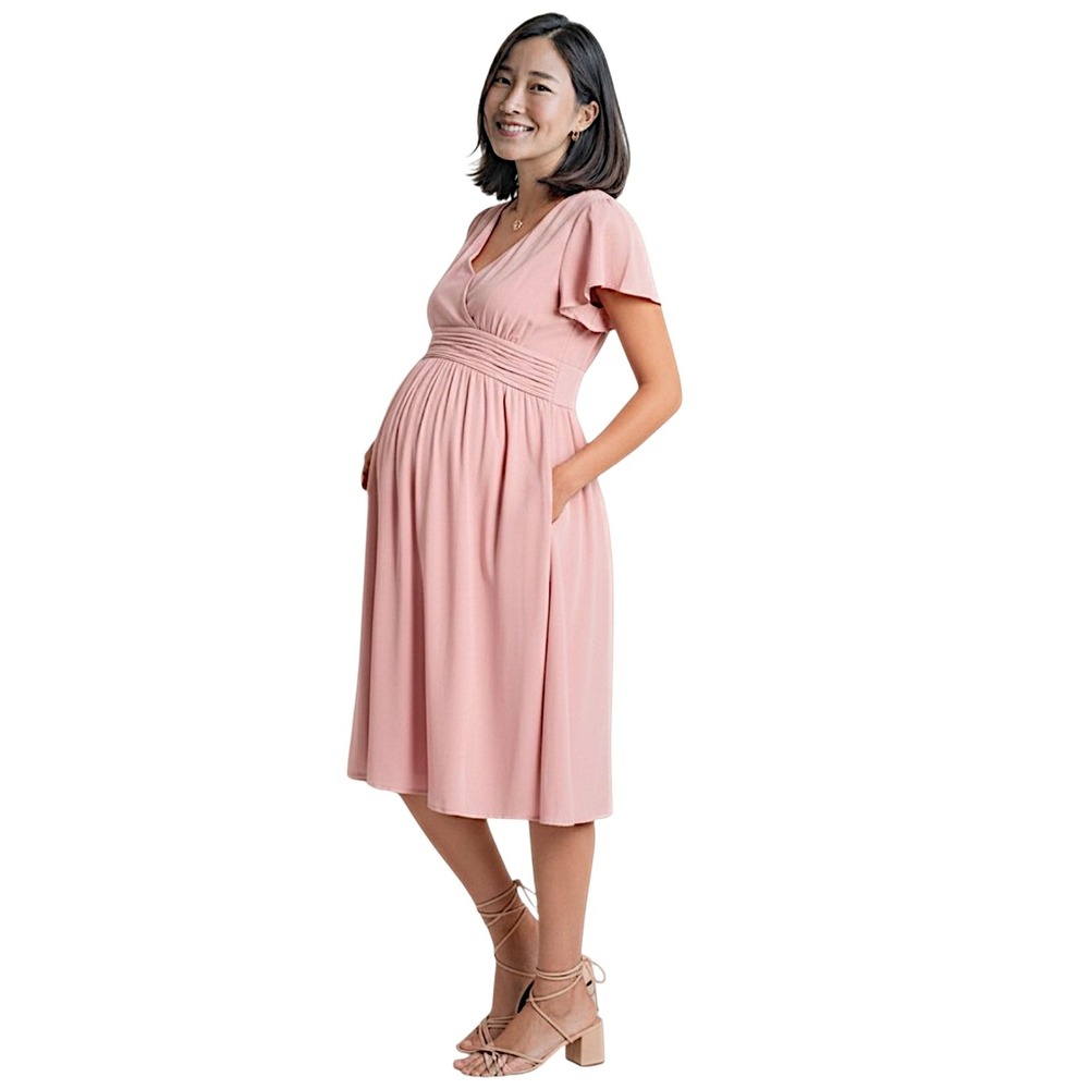 Seraphine Luxe Maternity Dress 6 Sariah Midi Flutter Sleeve Blush Pink Fairy NEW